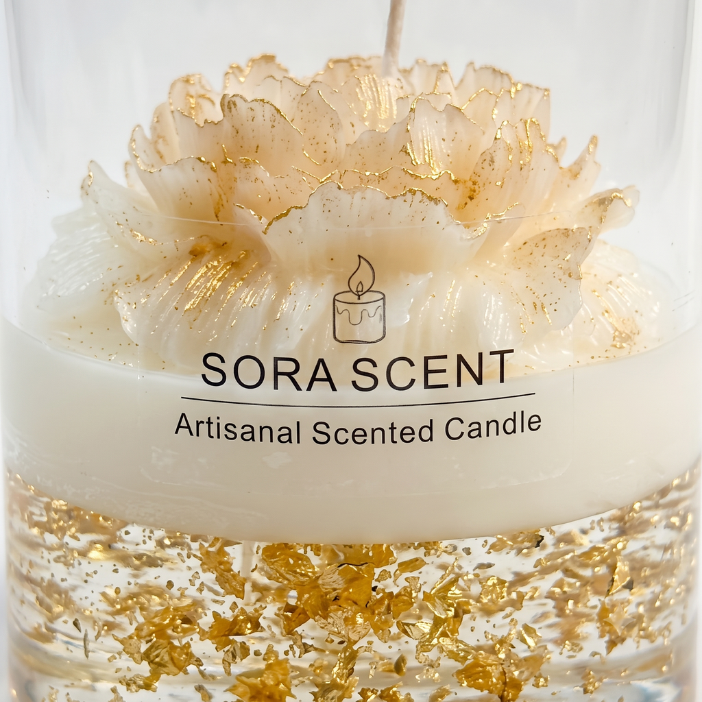 Macro close-up of SORA SCENT's Golden Peony Candle, highlighting the sparkling gold leaf flakes inside the gel layer and the gold-dusted edges of the hand-sculpted wax flower petals.