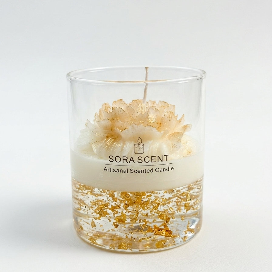 SORA SCENT Golden Peony Lavender Glass Candle on a clean background, showcasing its straight glass tumbler, suspended gold flakes in clear gel wax, and gold-rimmed sculpted flower top.