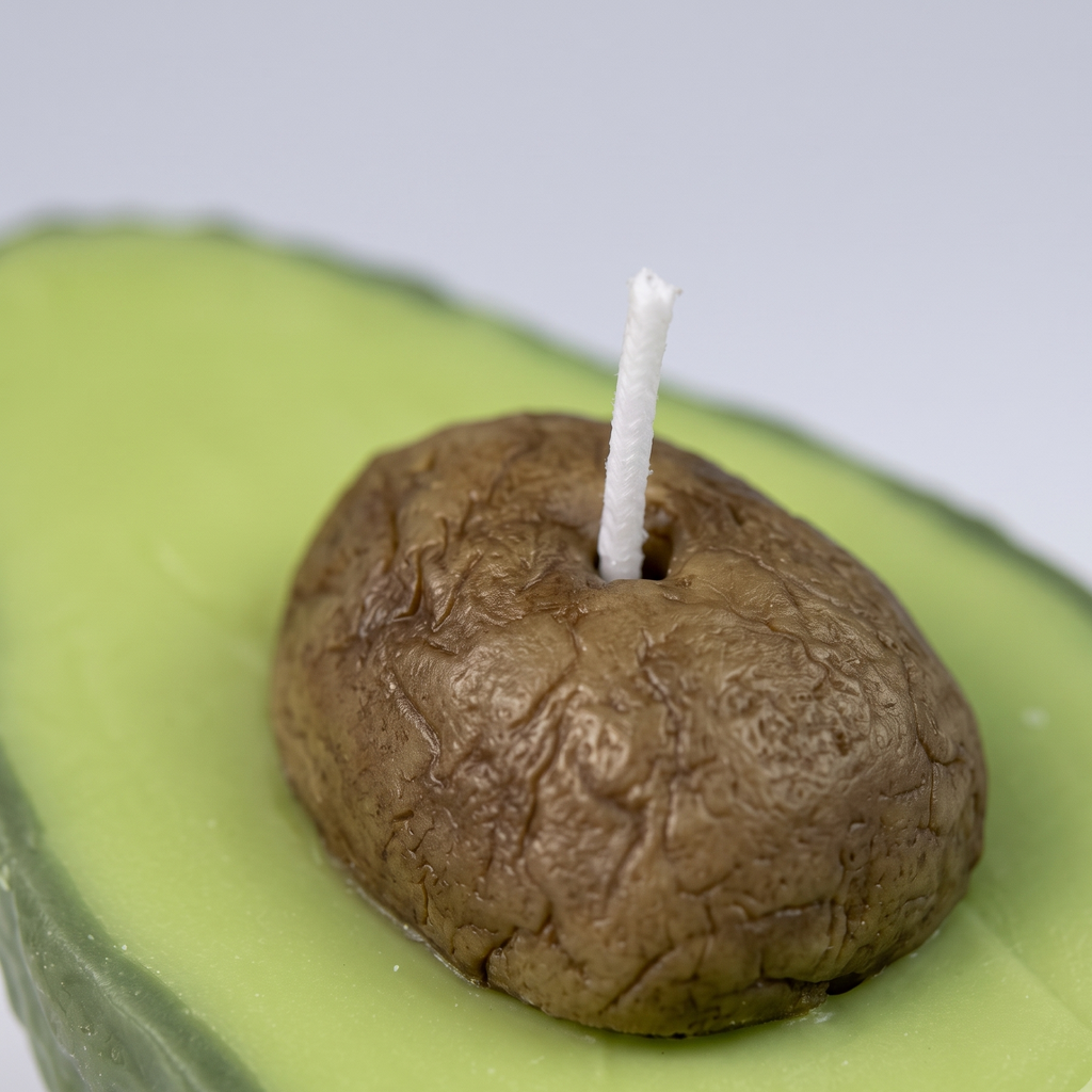 The sora-scent-half-cut-avocado-shaped-candle-bathroom-vanity.jpg.png displays a hyper-realistic, handcrafted Half-Cut Hass Avocado Candle by SORA SCENT sitting on a beige travertine bathroom counter, featuring a textured green rind and a realistic brown pit, next to a white cotton towel with a blurred glass jar of cotton balls in the background.