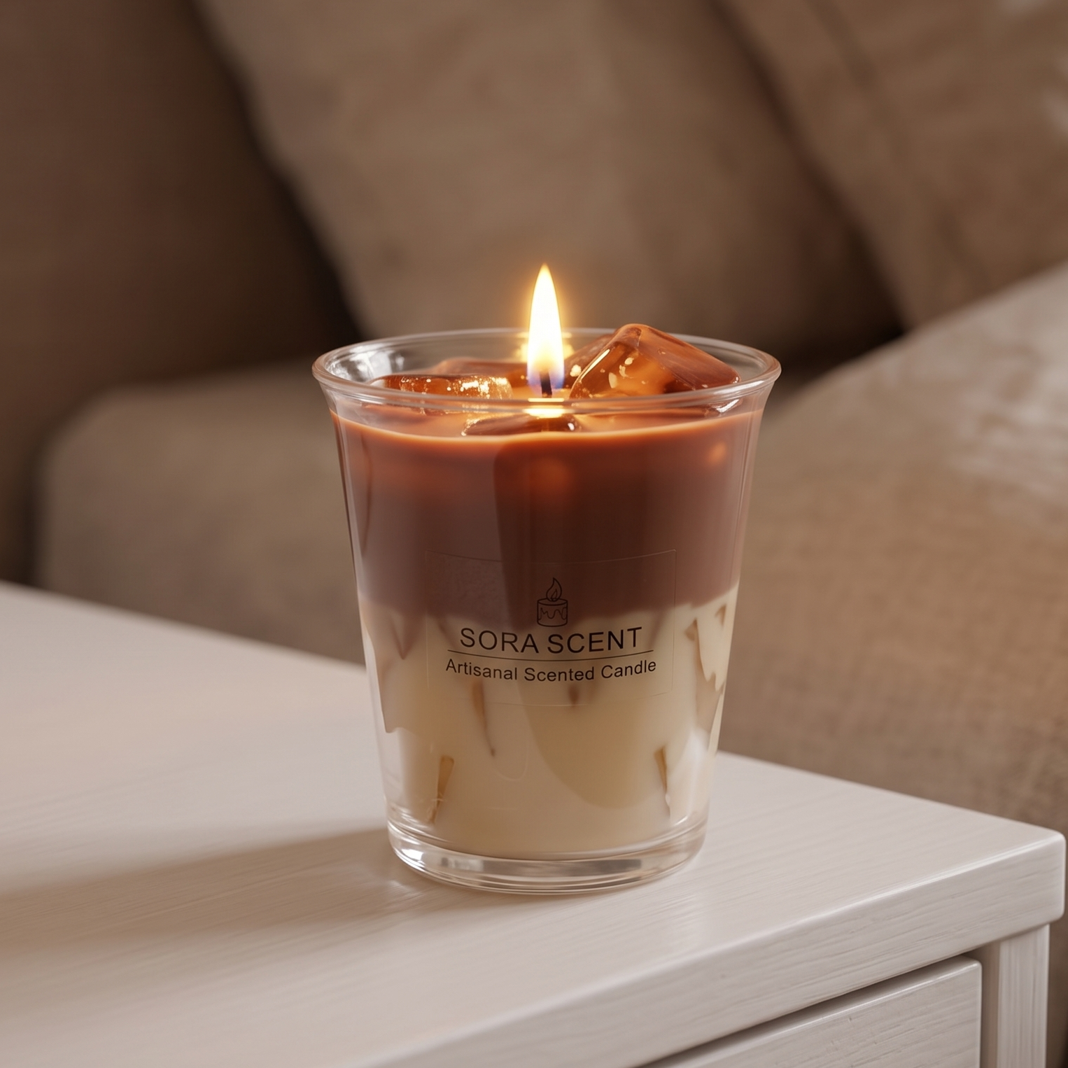 A lit Iced Vanilla Oat Latte Candle by SORA SCENT burning softly, featuring a warm flickering flame illuminating the translucent espresso layer and casting a cozy glow over the room.