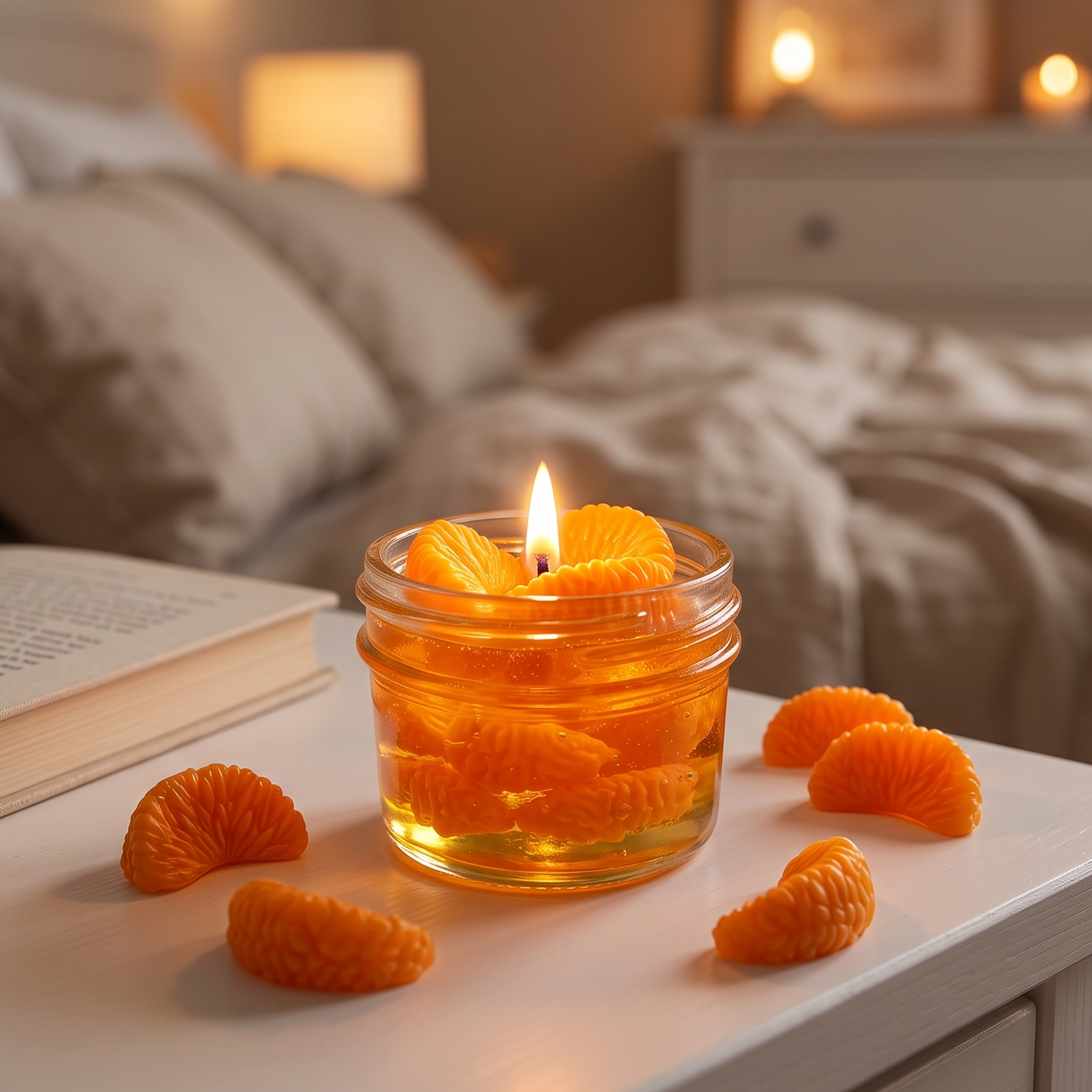 shows a handcrafted Sweet Mandarin Marmalade Candle by SORA SCENT in a glass jar on a marble kitchen island, filled with golden translucent jelly wax and realistic wax mandarin segments, next to a small ceramic plate with more loose wax orange slices.