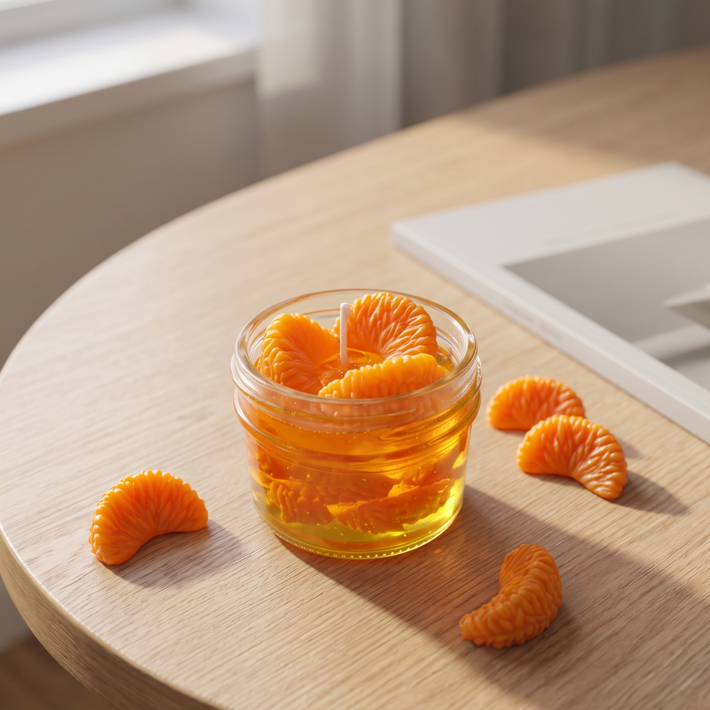 shows a handcrafted Sweet Mandarin Marmalade Candle by SORA SCENT in a glass jar on a marble kitchen island, filled with golden translucent jelly wax and realistic wax mandarin segments, next to a small ceramic plate with more loose wax orange slices.
