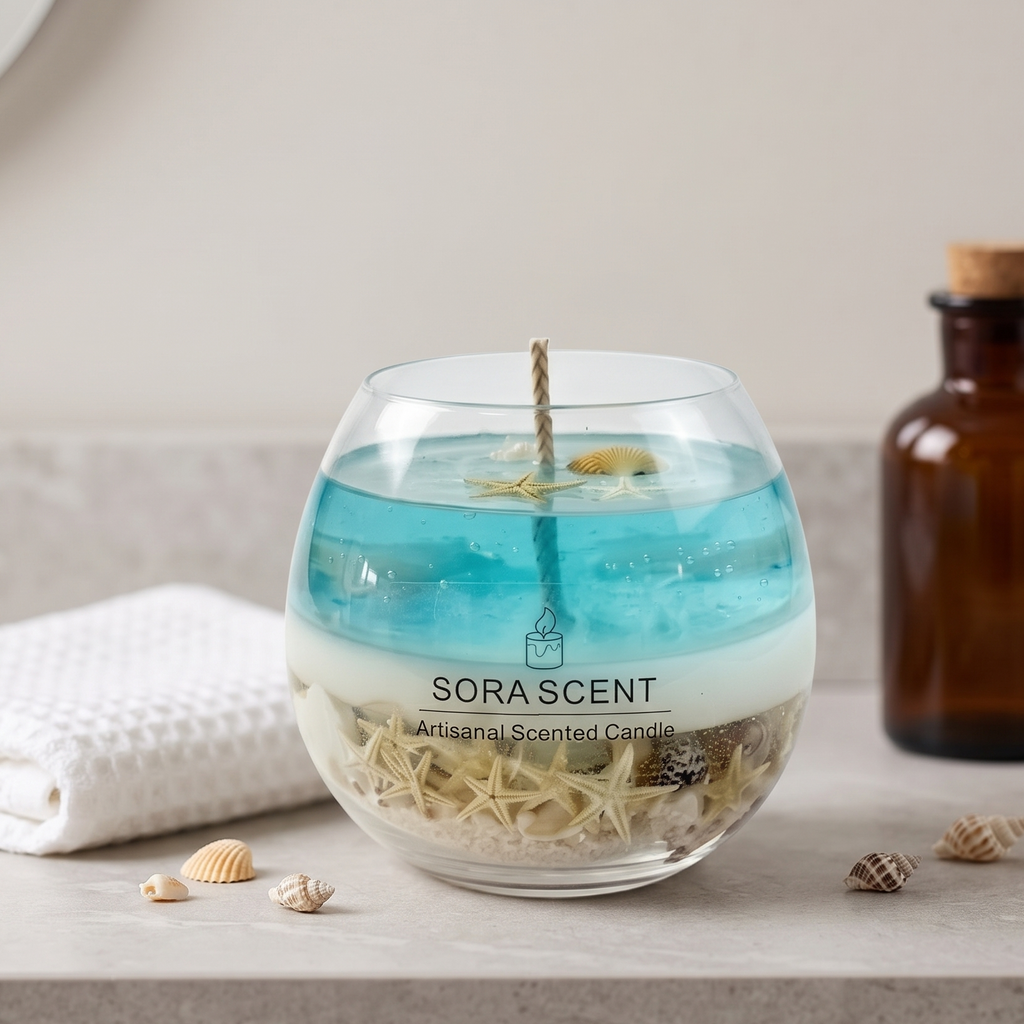 SORA SCENT Coastal Lagoon Sea Salt Candle styled on a wooden bathtub tray next to bath salts and a loofah, creating a tranquil home spa and wellness aesthetic.