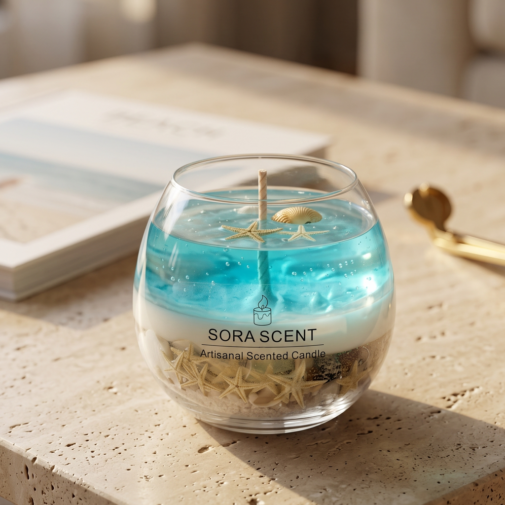 shows a handcrafted Coastal Lagoon Sea Salt Candle by SORA SCENT on a bathroom vanity countertop next to a folded white towel and a brown apothecary bottle, featuring layered blue ocean gel wax, sand, and seashells.