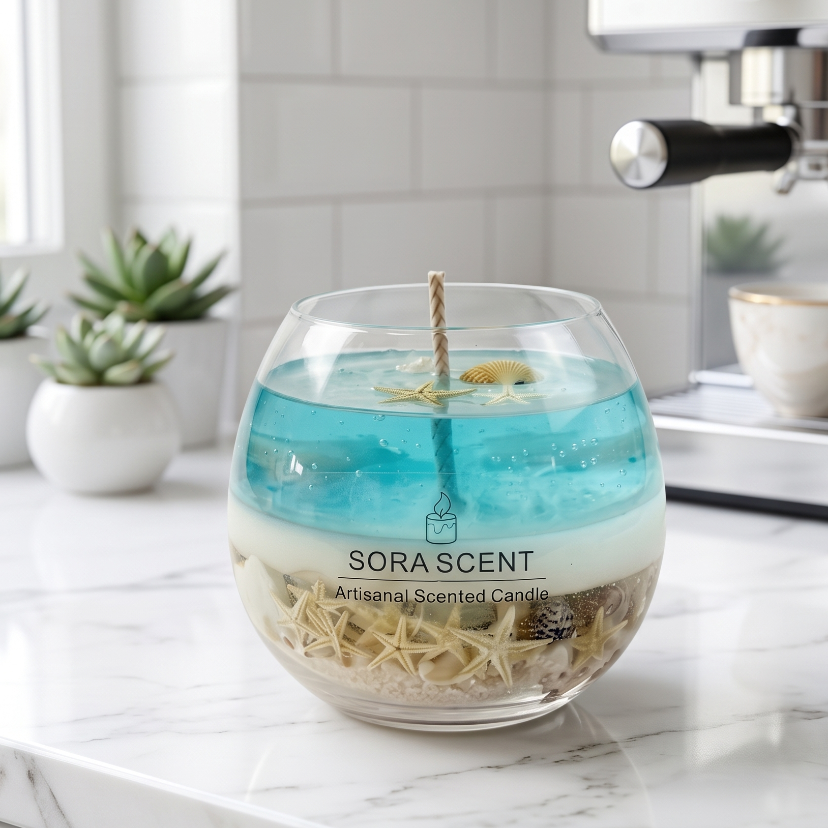 shows a handcrafted Coastal Lagoon Sea Salt Candle by SORA SCENT on a bathroom vanity countertop next to a folded white towel and a brown apothecary bottle, featuring layered blue ocean gel wax, sand, and seashells