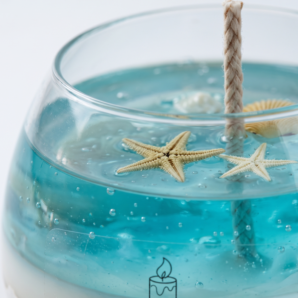 Macro close-up of SORA SCENT's Coastal Lagoon Sea Salt Candle, highlighting the intricate details of miniature starfish and real seashells resting on the sand beneath the clear blue gel wax