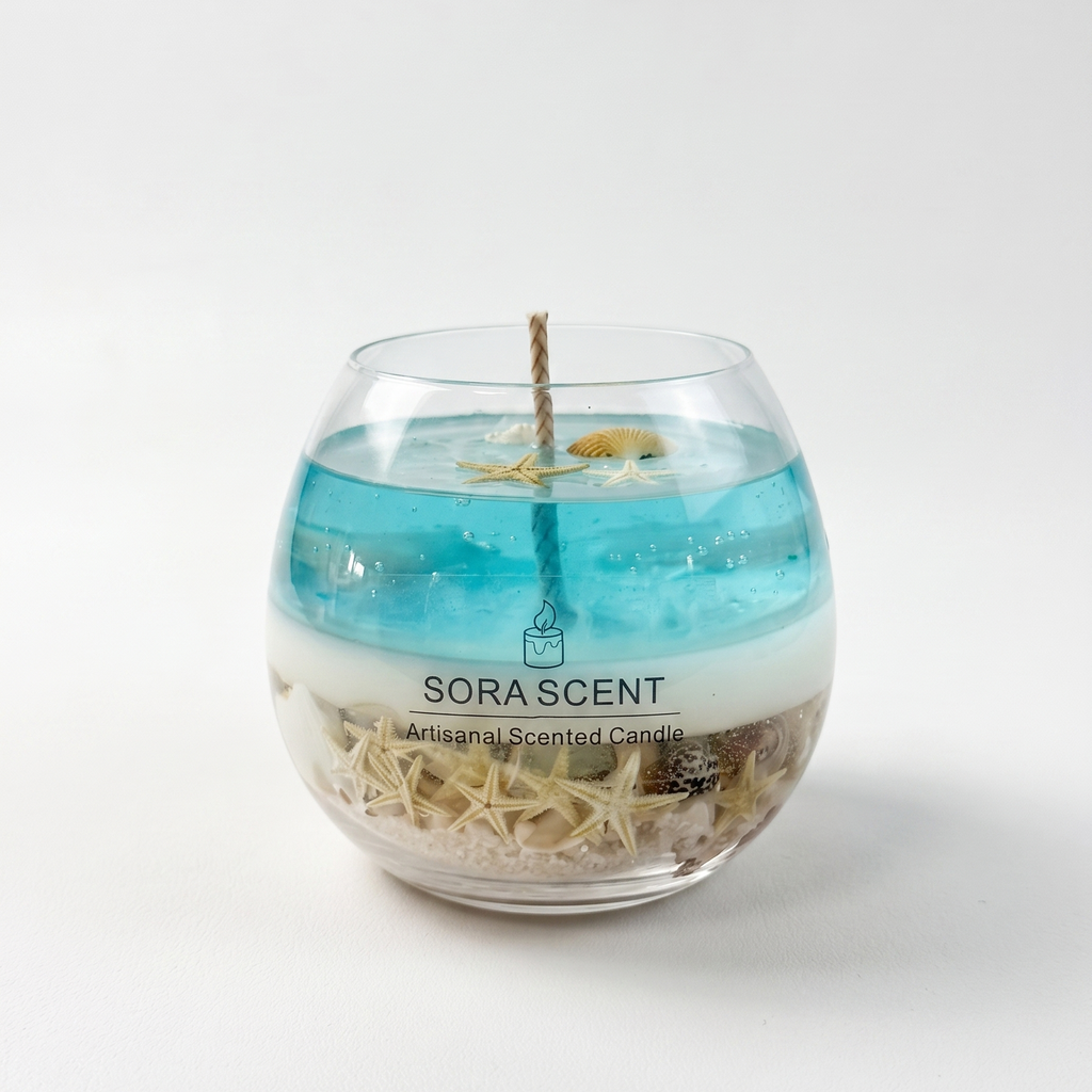 SORA SCENT Coastal Lagoon Sea Salt Candle on a clean background, showcasing its round glass bowl, real sand and starfish base, white sea foam layer, and translucent blue bubbling gel wax.