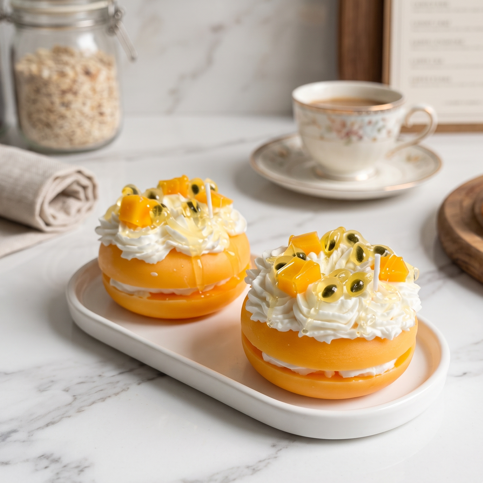 A lit Mini Passion Fruit and Mango Macaron Candle by SORA SCENT burning softly, featuring a warm flickering flame illuminating the yellow wax base and fruit toppings.