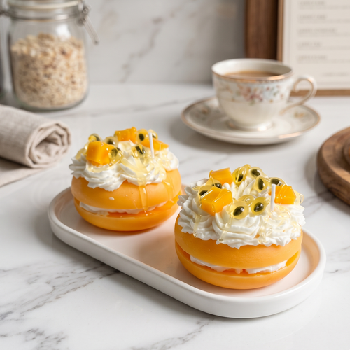 A lit Mini Passion Fruit and Mango Macaron Candle by SORA SCENT burning softly, featuring a warm flickering flame illuminating the yellow wax base and fruit toppings.