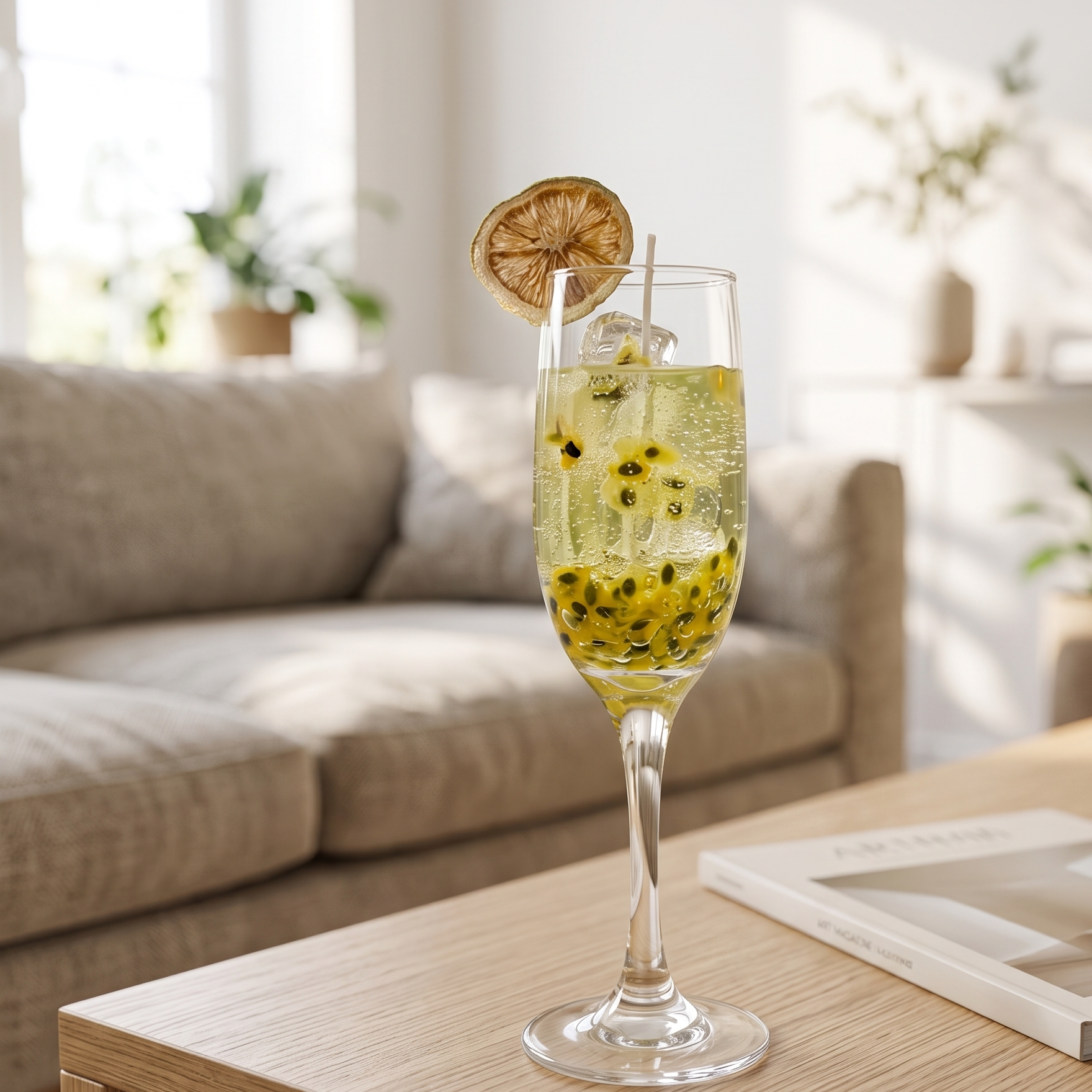 A lit Malibu Sunshine Spritz Candle by SORA SCENT burning beautifully, featuring a warm flickering flame, a melting golden wax pool at the top of the champagne glass, and a glowing, cozy ambiance.