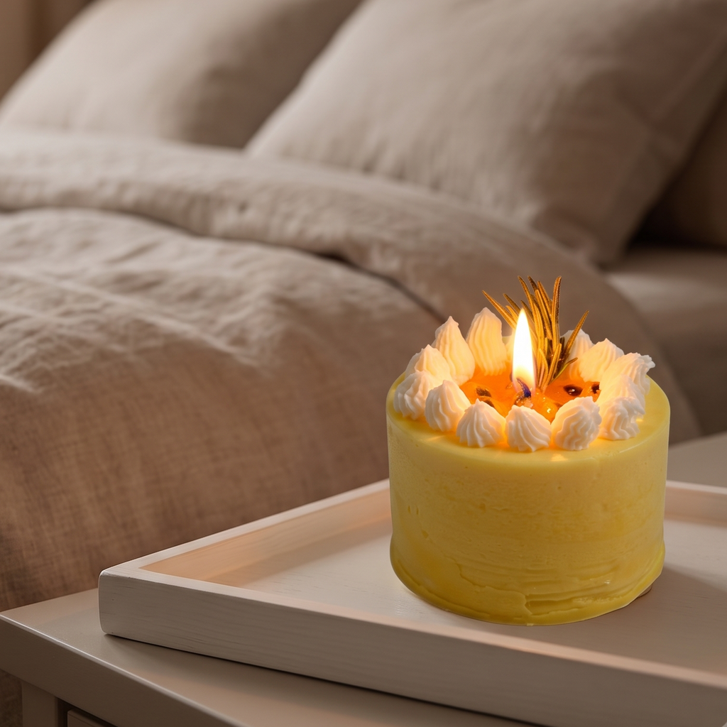 A lit Mini Passion Fruit Mousse Cake Candle by SORA SCENT burning softly, featuring a warm flickering flame illuminating the translucent yellow glaze and white cream top.