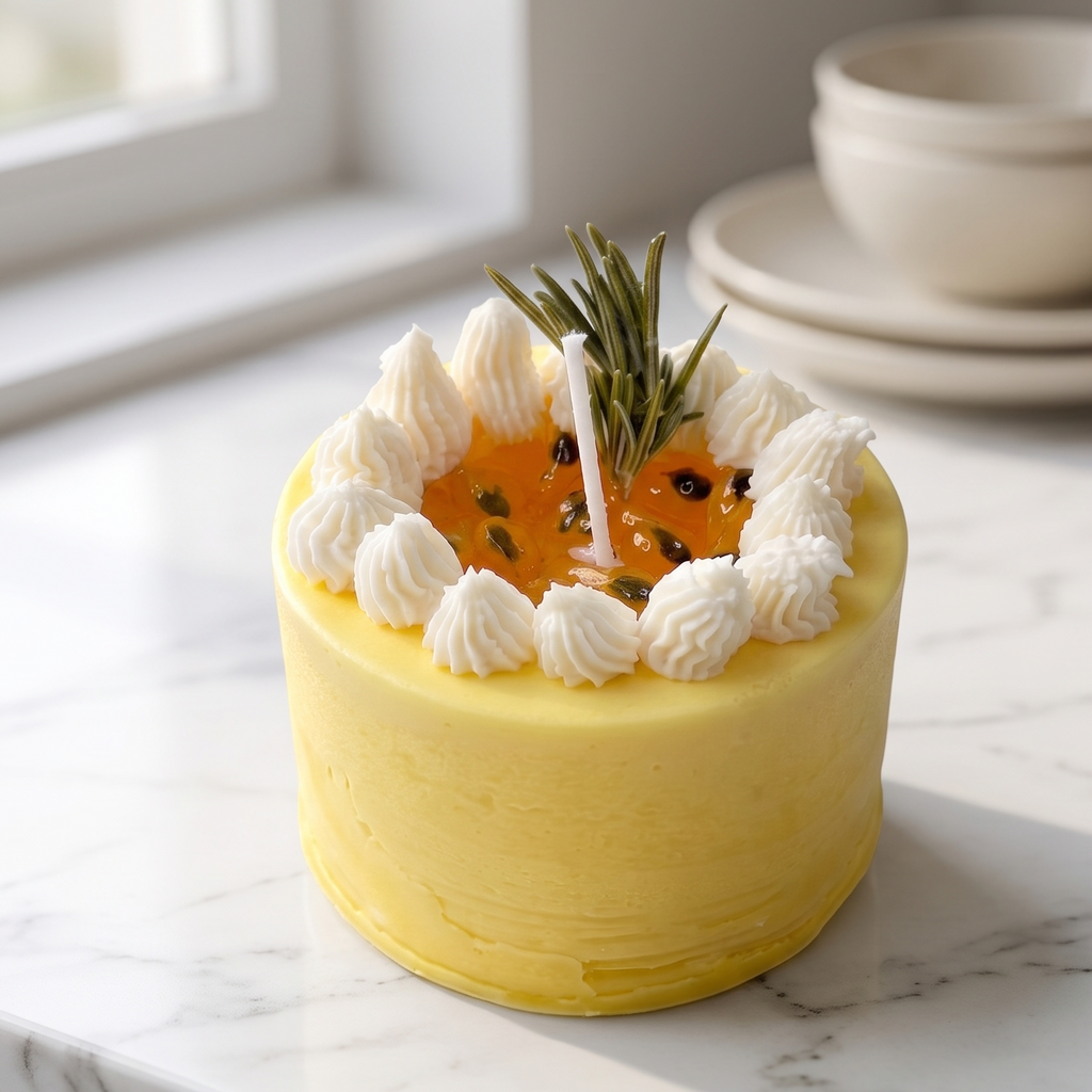 shows a handcrafted Mini Passion Fruit Mousse Cake Candle by SORA SCENT on a white marble kitchen countertop near a sunlit window, surrounded by minimalist ceramic bowls.