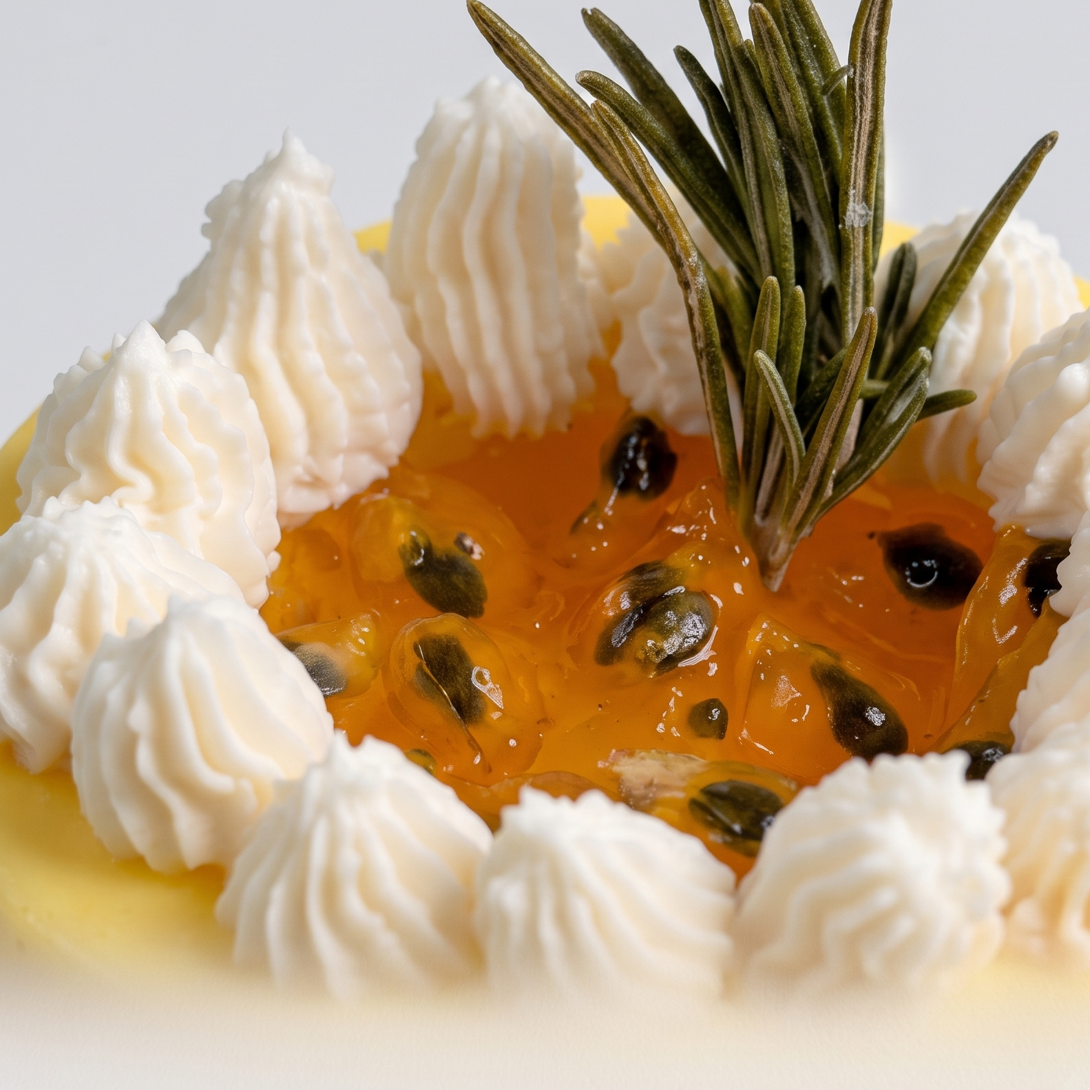 Macro close-up of SORA SCENT's Mini Passion Fruit Mousse Cake Candle, highlighting the delicate texture of hand-piped white soy cream and glowing gel wax filled with realistic fruit seeds.