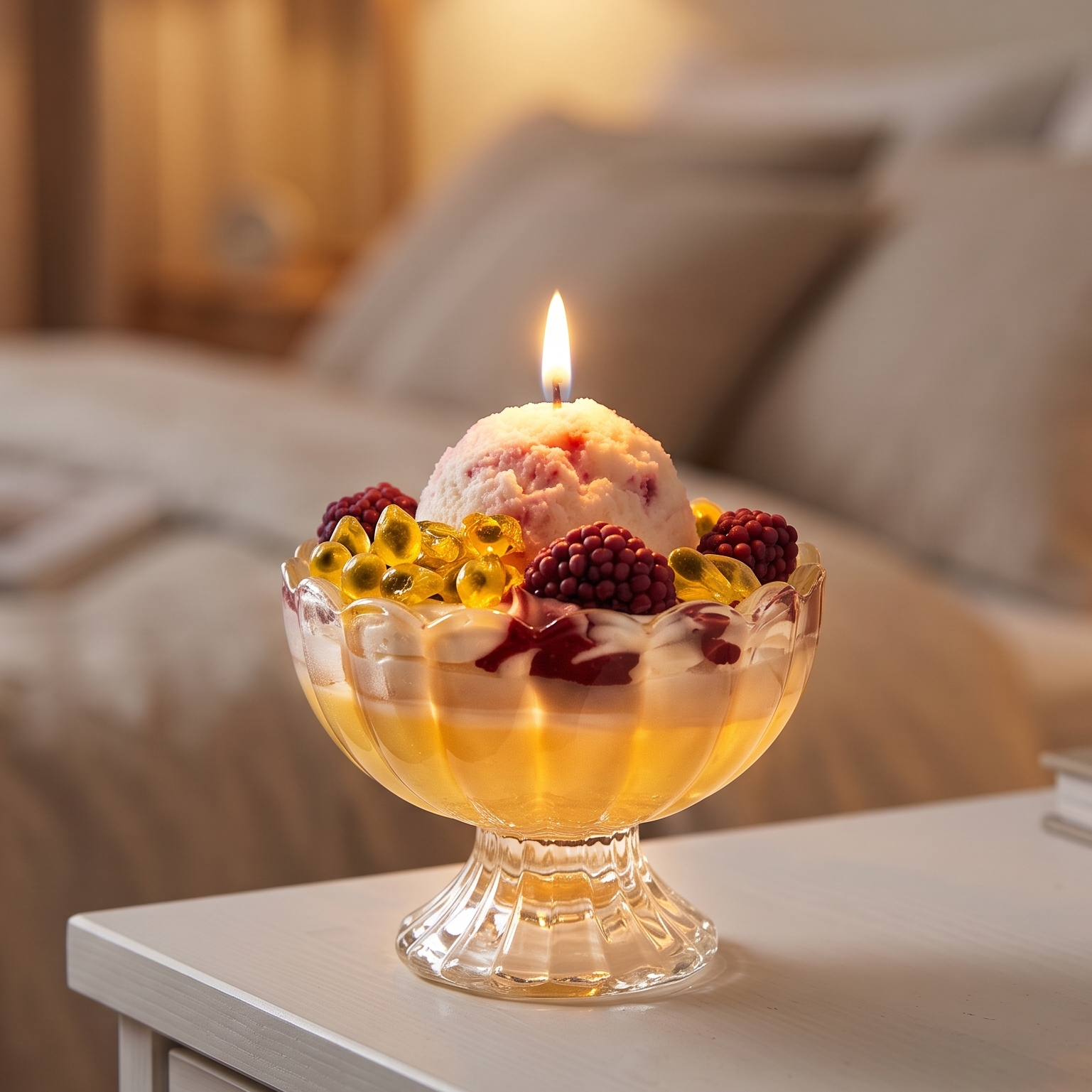 shows a handcrafted Passion Mulberry Ice Cream Sundae Candle by SORA SCENT in a clear glass goblet on a white sunlit windowsill, featuring layered yellow and white wax, realistic whipped cream, a pink ice cream scoop, glossy gel-wax passion fruit seeds, and dark purple wax mulberries.