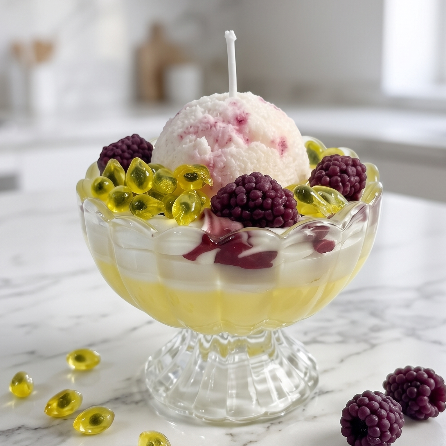 shows a handcrafted Passion Mulberry Ice Cream Sundae Candle by SORA SCENT in a clear glass goblet on a white sunlit windowsill, featuring layered yellow and white wax, realistic whipped cream, a pink ice cream scoop, glossy gel-wax passion fruit seeds, and dark purple wax mulberries.