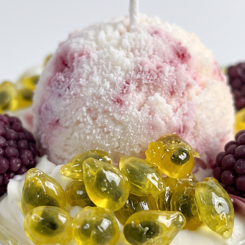 shows a handcrafted Passion Mulberry Ice Cream Sundae Candle by SORA SCENT in a clear glass goblet on a white sunlit windowsill, featuring layered yellow and white wax, realistic whipped cream, a pink ice cream scoop, glossy gel-wax passion fruit seeds, and dark purple wax mulberries.