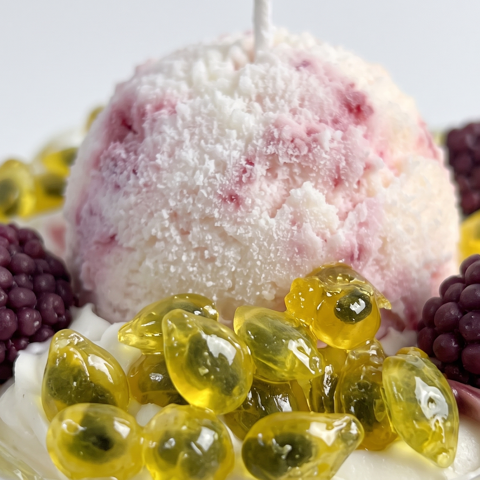 shows a handcrafted Passion Mulberry Ice Cream Sundae Candle by SORA SCENT in a clear glass goblet on a white sunlit windowsill, featuring layered yellow and white wax, realistic whipped cream, a pink ice cream scoop, glossy gel-wax passion fruit seeds, and dark purple wax mulberries.