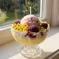 shows a handcrafted Passion Mulberry Ice Cream Sundae Candle by SORA SCENT in a clear glass goblet on a white sunlit windowsill, featuring layered yellow and white wax, realistic whipped cream, a pink ice cream scoop, glossy gel-wax passion fruit seeds, and dark purple wax mulberries.