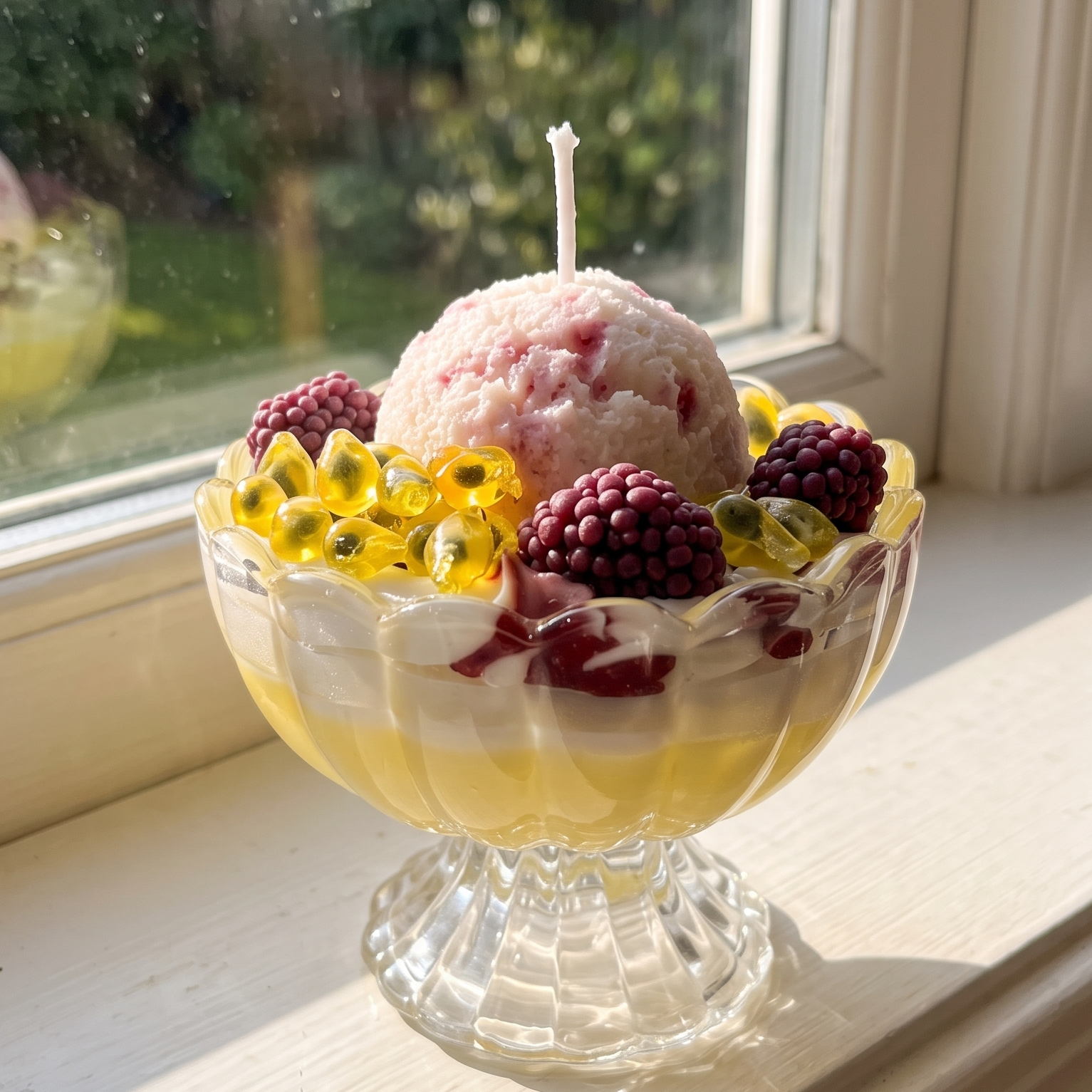 shows a handcrafted Passion Mulberry Ice Cream Sundae Candle by SORA SCENT in a clear glass goblet on a white sunlit windowsill, featuring layered yellow and white wax, realistic whipped cream, a pink ice cream scoop, glossy gel-wax passion fruit seeds, and dark purple wax mulberries.