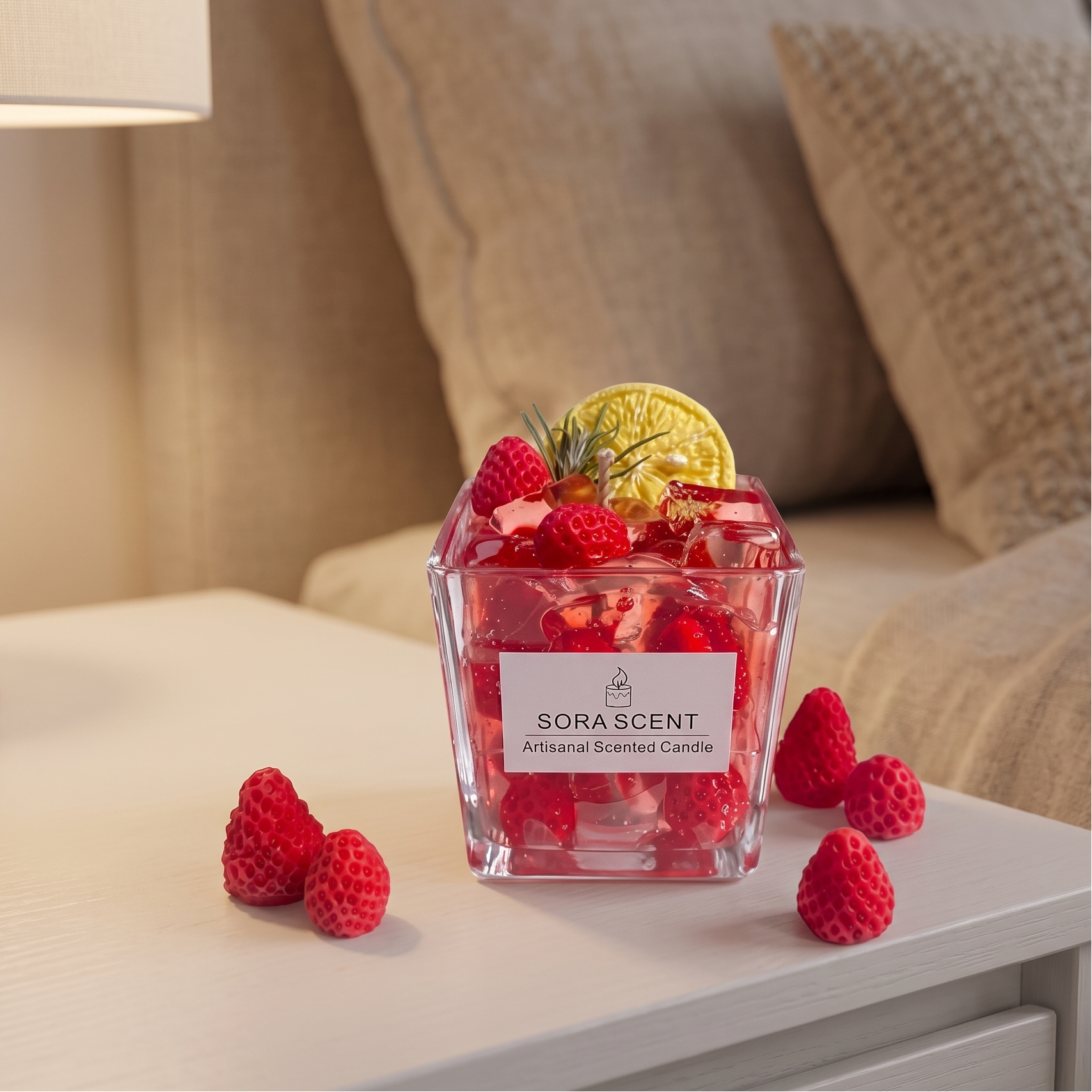 shows a handcrafted Strawberry Fizz Cocktail Candle by SORA SCENT sitting on a white wooden bedside nightstand in a cozy bedroom, featuring realistic wax strawberries and a lemon garnish, with loose decorative berries resting nearby.