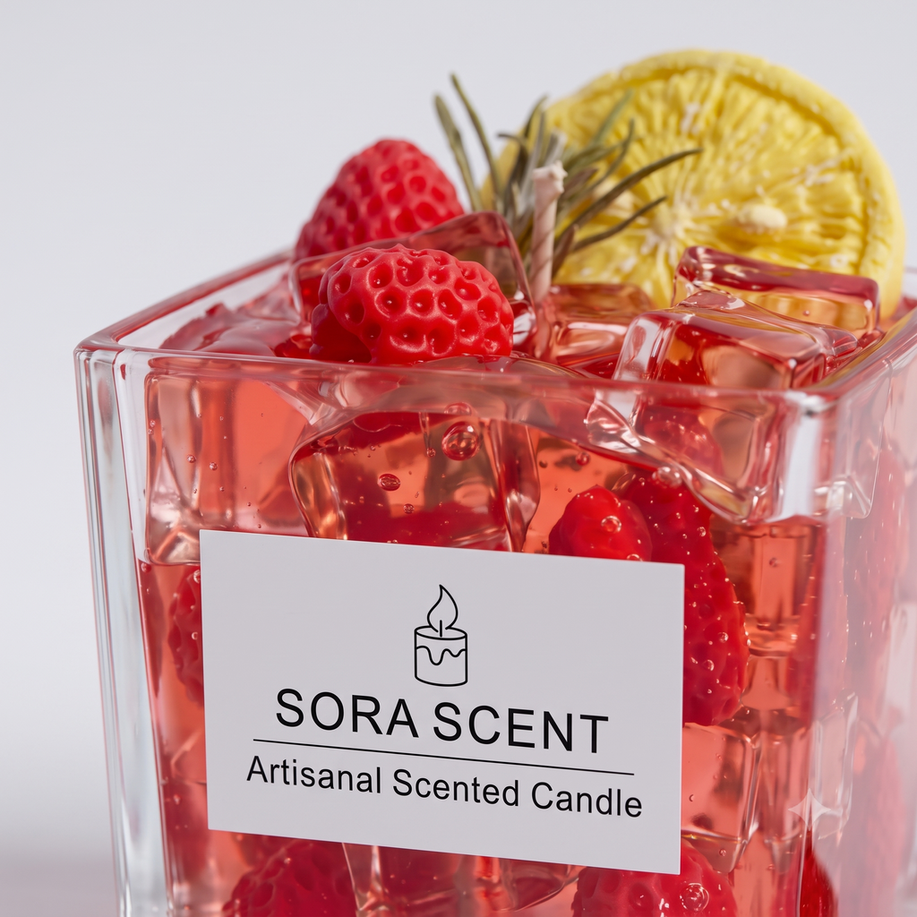 Macro close-up of SORA SCENT's Strawberry Fizz Candle, highlighting the intricate details of realistic seed textures on the wax strawberries and sparkling bubbles trapped within the clear red gel wax.