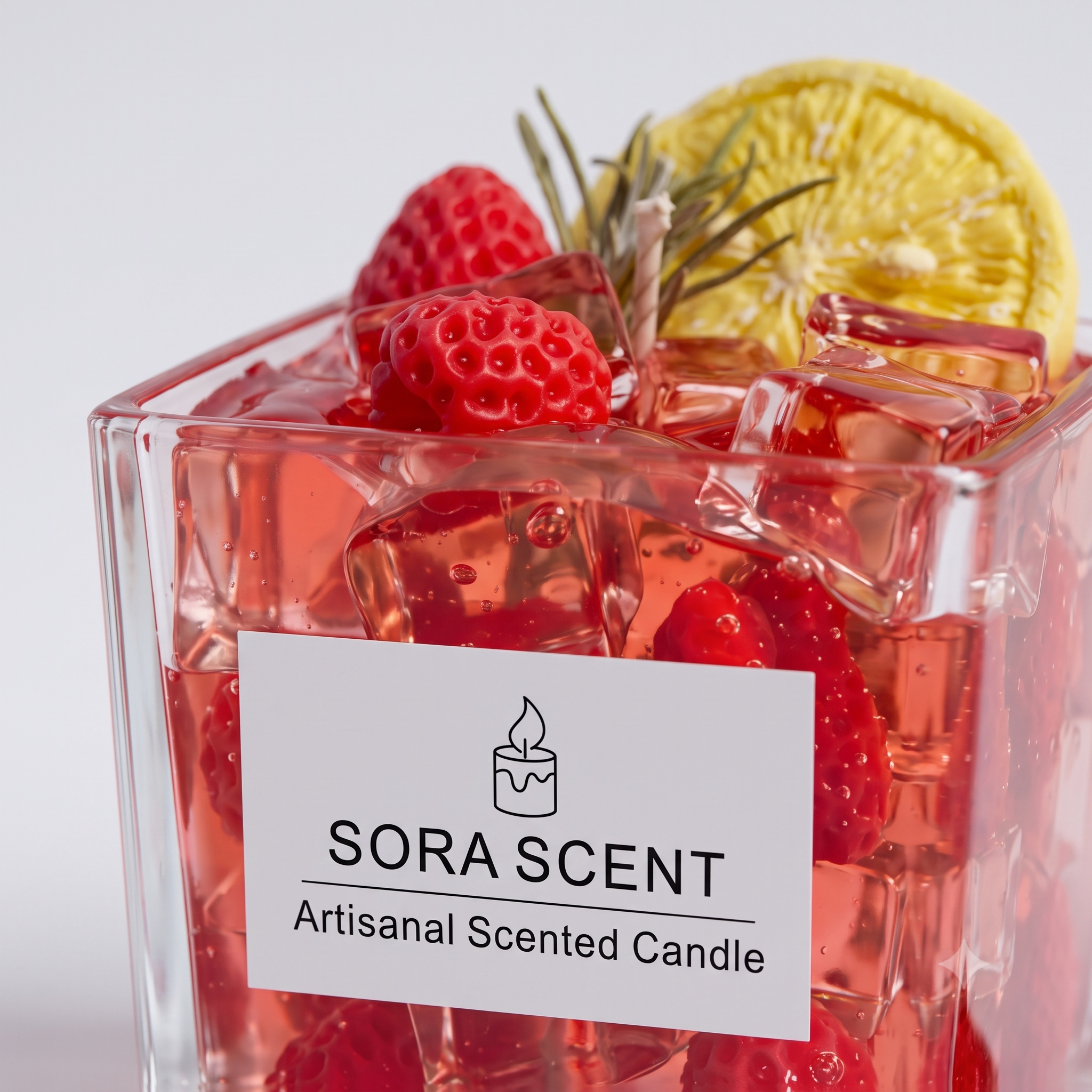 Macro close-up of SORA SCENT's Strawberry Fizz Candle, highlighting the intricate details of realistic seed textures on the wax strawberries and sparkling bubbles trapped within the clear red gel wax.