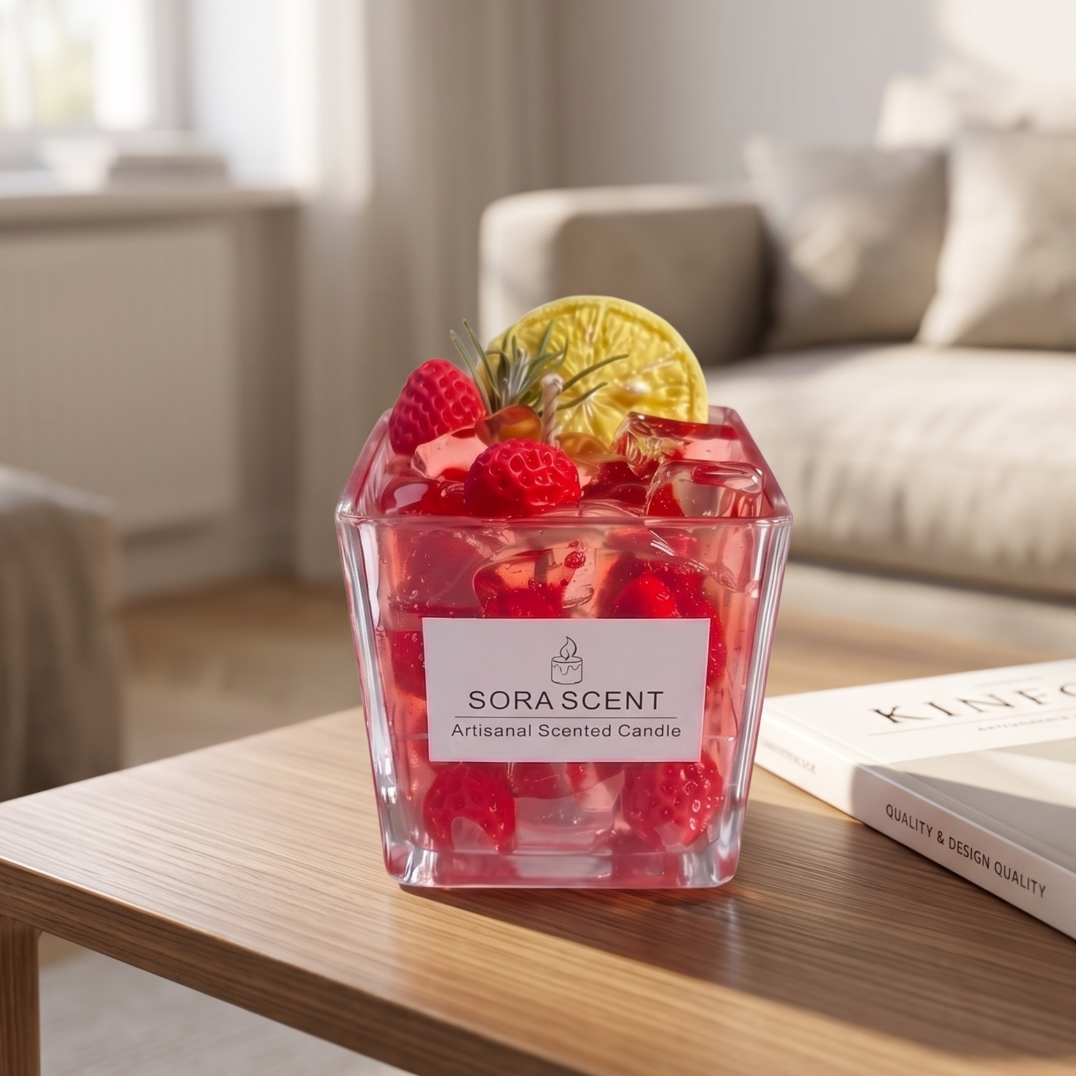 A lit Strawberry Fizz Cocktail Candle by SORA SCENT burning beautifully, featuring a warm flickering flame illuminating the translucent red wax layer and casting a cozy, romantic glow.
