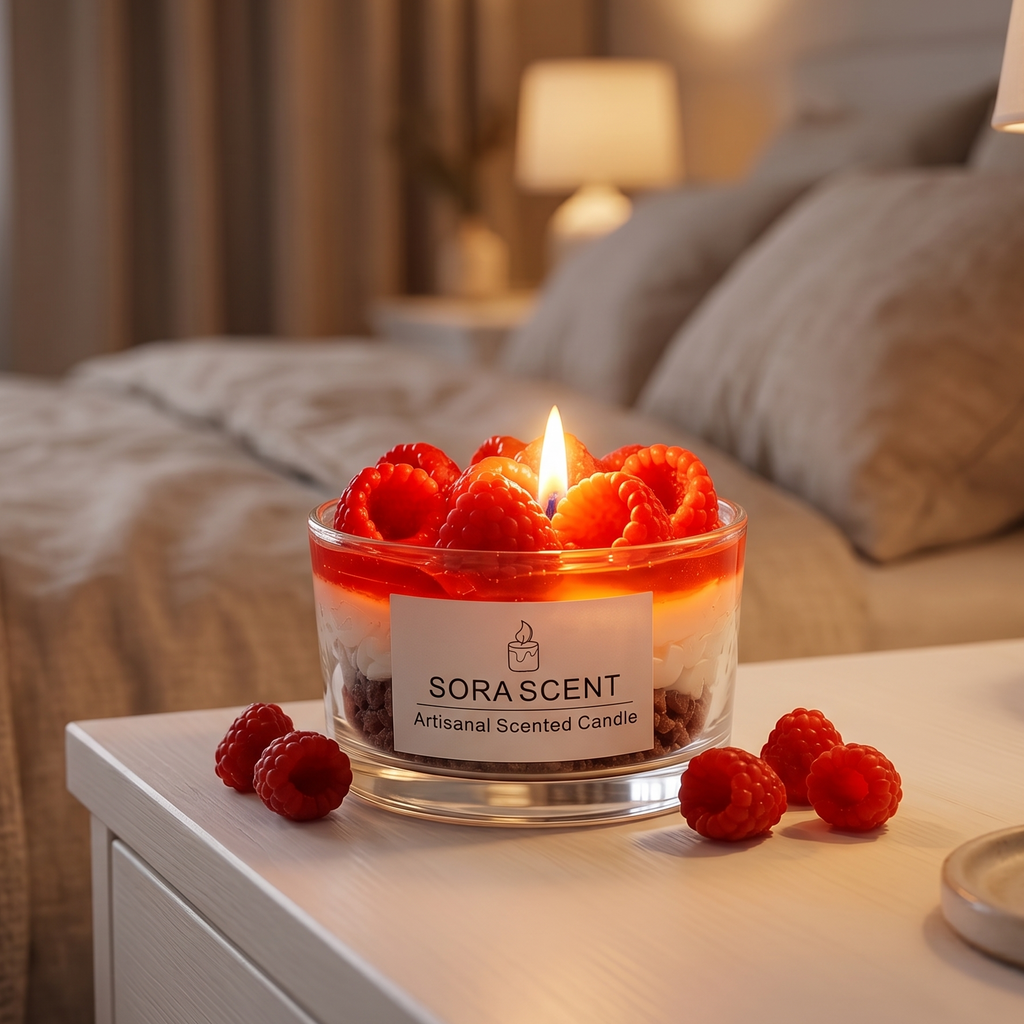 showcases a lit handcrafted Raspberry Mousse Tart Candle by SORA SCENT on a white wooden nightstand in a cozy, softly blurred bedroom setting, featuring distinct cookie crumb and cream layers topped with glowing red wax raspberries, with loose decorative wax berries resting beside it.