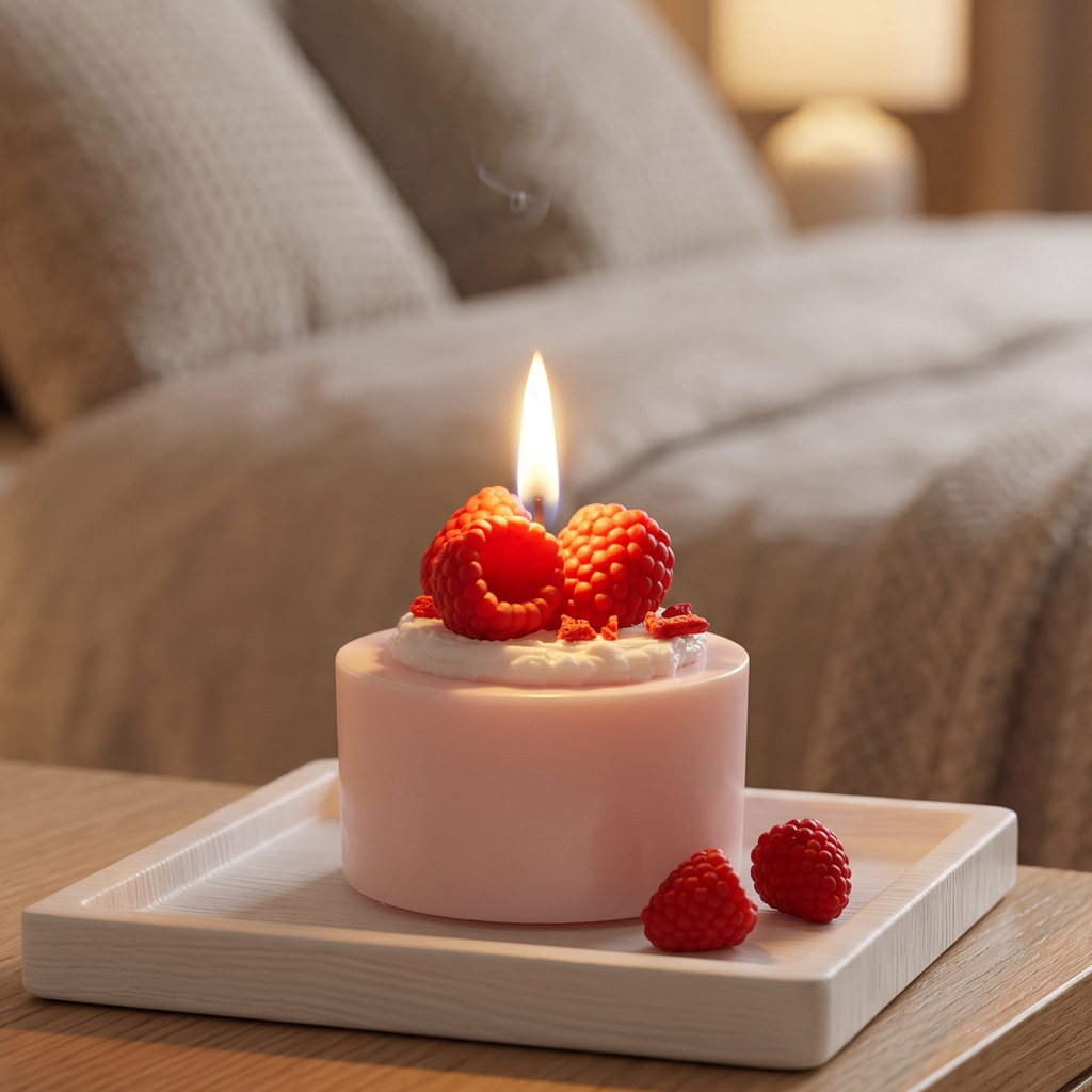 A lit Mini Raspberry Mousse Cake Candle by SORA SCENT burning softly, featuring a warm flickering flame illuminating the red wax berries and pastel pink base.