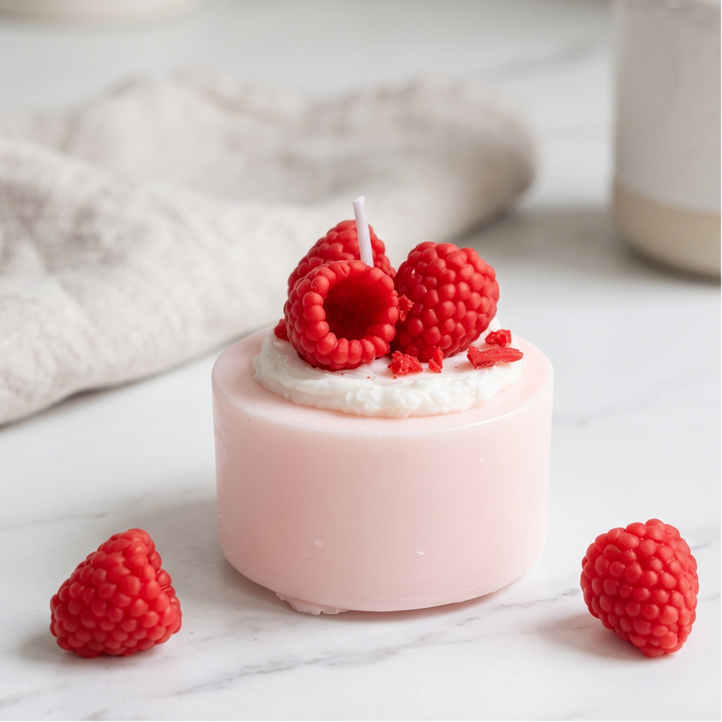 Handcrafted Mini Raspberry Mousse Cake Candle by SORA SCENT on a white table next to aesthetic art books, featuring soft pink soy wax, white cream top, and realistic red wax raspberries with loose berry accents.
