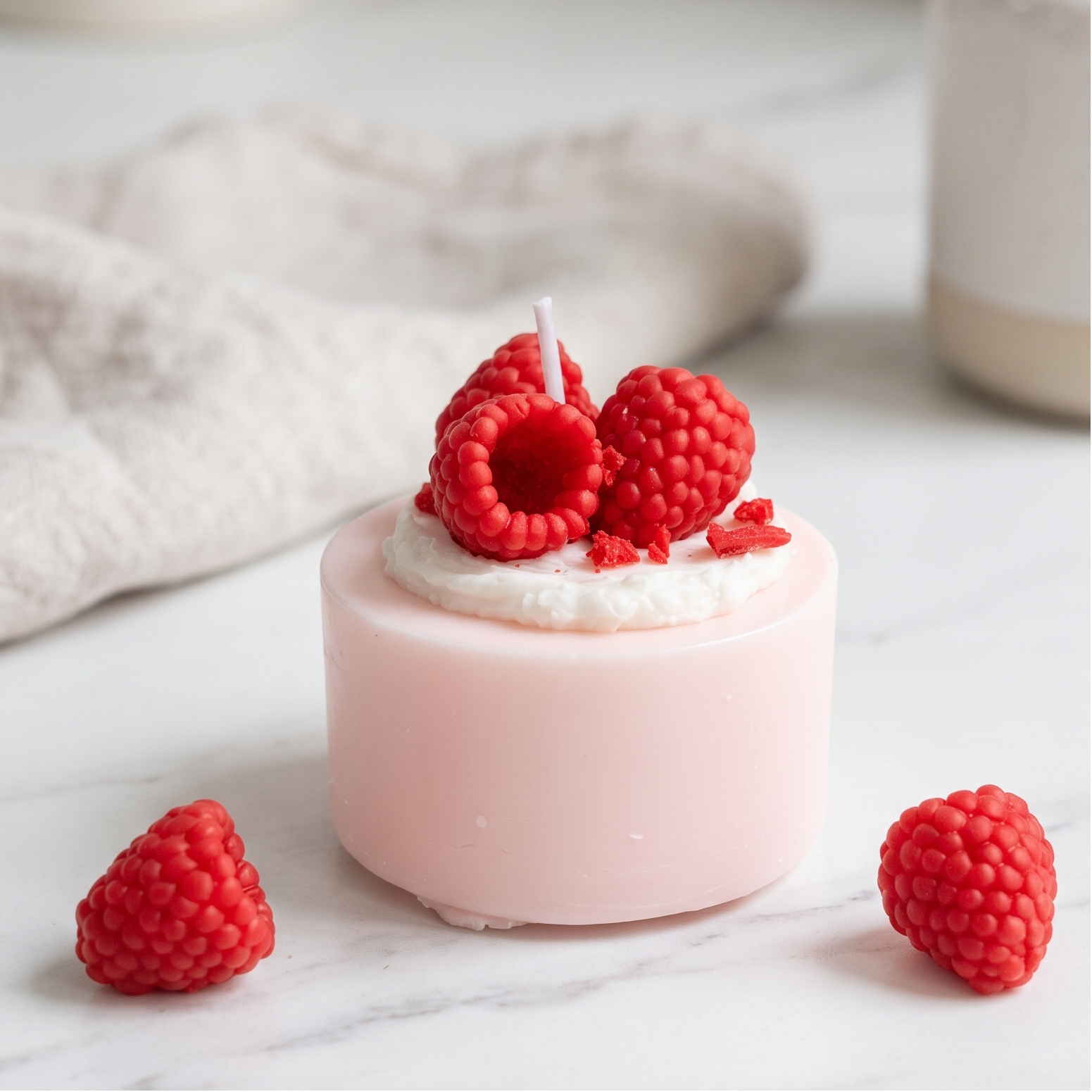 Handcrafted Mini Raspberry Mousse Cake Candle by SORA SCENT on a white table next to aesthetic art books, featuring soft pink soy wax, white cream top, and realistic red wax raspberries with loose berry accents.