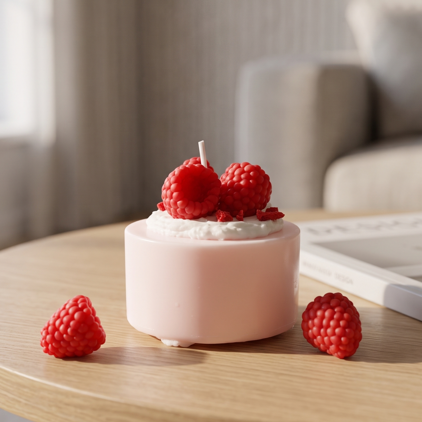 Handcrafted Mini Raspberry Mousse Cake Candle by SORA SCENT on a white table next to aesthetic art books, featuring soft pink soy wax, white cream top, and realistic red wax raspberries with loose berry accents.