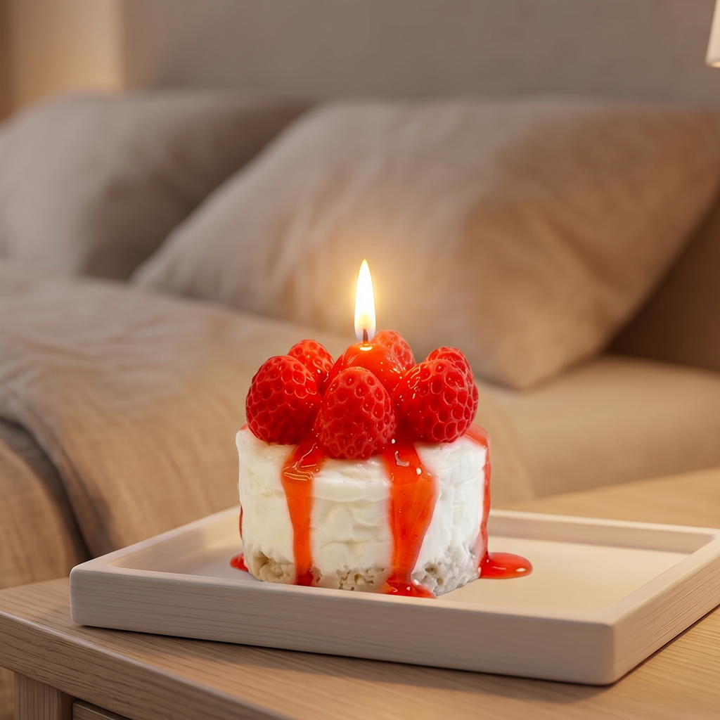 shows a hyper-realistic, handcrafted Mini Strawberry Cheesecake Candle by SORA SCENT standing on a minimalist wooden coffee table in soft sunlight, featuring a textured crumb crust base, a smooth white cream layer, dripping red strawberry glaze, and realistic red wax strawberries on top, with a blurred book in the background.