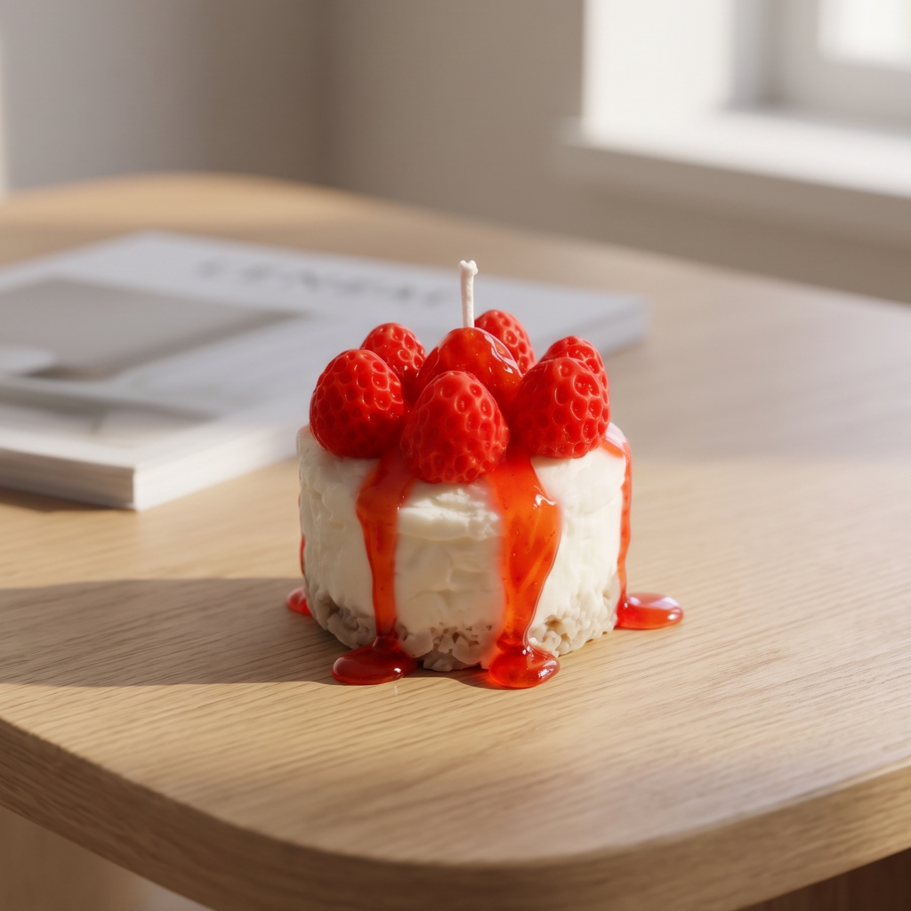 shows a hyper-realistic, handcrafted Mini Strawberry Cheesecake Candle by SORA SCENT standing on a minimalist wooden coffee table in soft sunlight, featuring a textured crumb crust base, a smooth white cream layer, dripping red strawberry glaze, and realistic red wax strawberries on top, with a blurred book in the background.