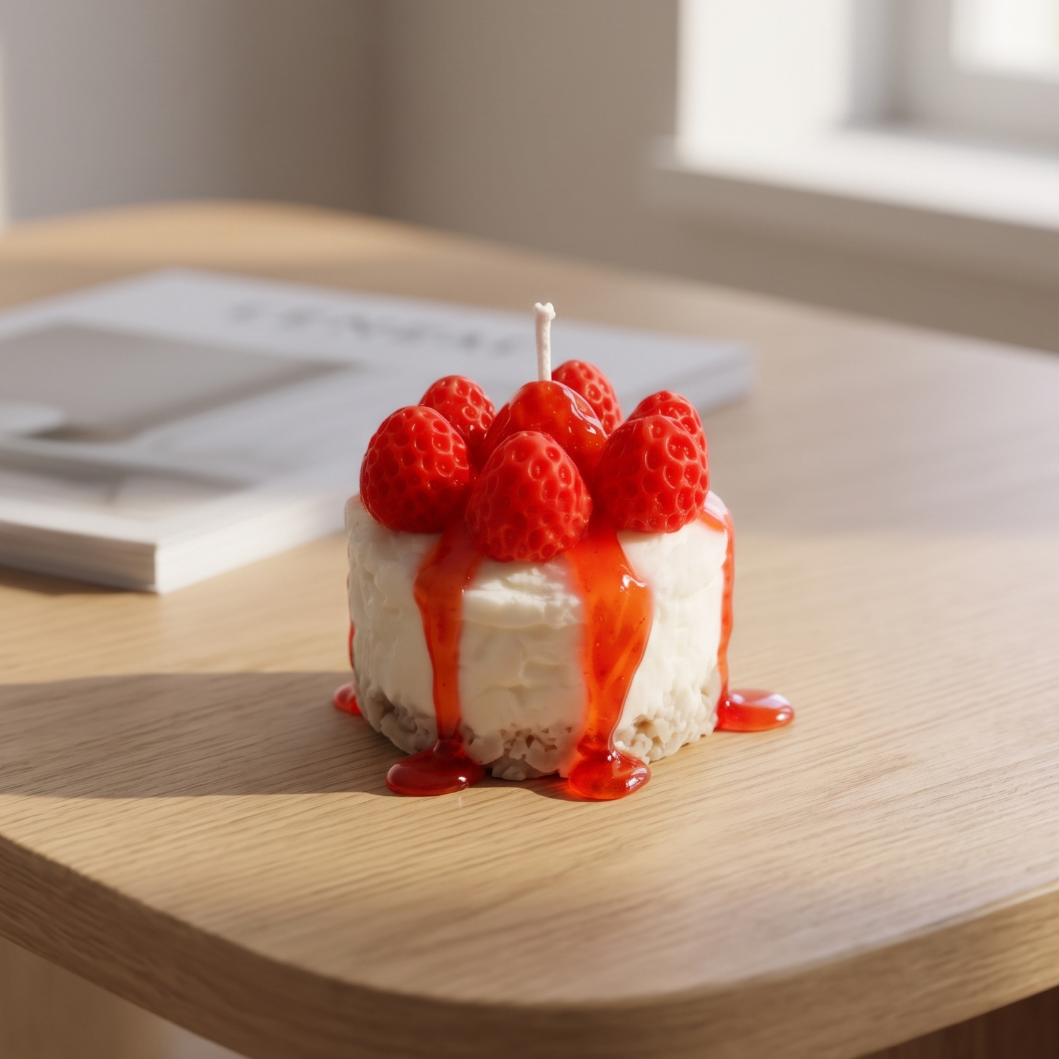 shows a hyper-realistic, handcrafted Mini Strawberry Cheesecake Candle by SORA SCENT standing on a minimalist wooden coffee table in soft sunlight, featuring a textured crumb crust base, a smooth white cream layer, dripping red strawberry glaze, and realistic red wax strawberries on top, with a blurred book in the background.
