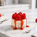 shows a hyper-realistic, handcrafted Mini Strawberry Cheesecake Candle by SORA SCENT standing on a minimalist wooden coffee table in soft sunlight, featuring a textured crumb crust base, a smooth white cream layer, dripping red strawberry glaze, and realistic red wax strawberries on top, with a blurred book in the background.