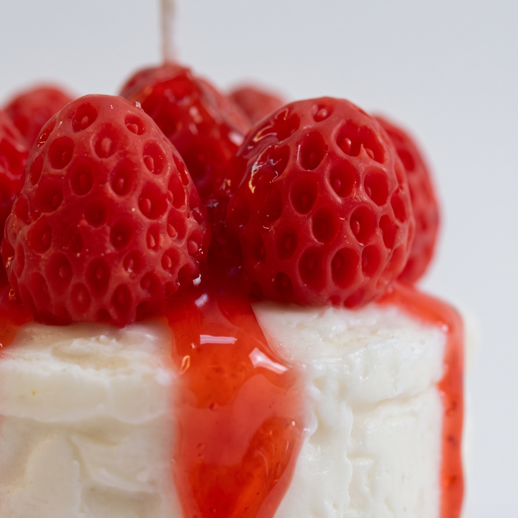 shows a hyper-realistic, handcrafted Mini Strawberry Cheesecake Candle by SORA SCENT standing on a minimalist wooden coffee table in soft sunlight, featuring a textured crumb crust base, a smooth white cream layer, dripping red strawberry glaze, and realistic red wax strawberries on top, with a blurred book in the background.