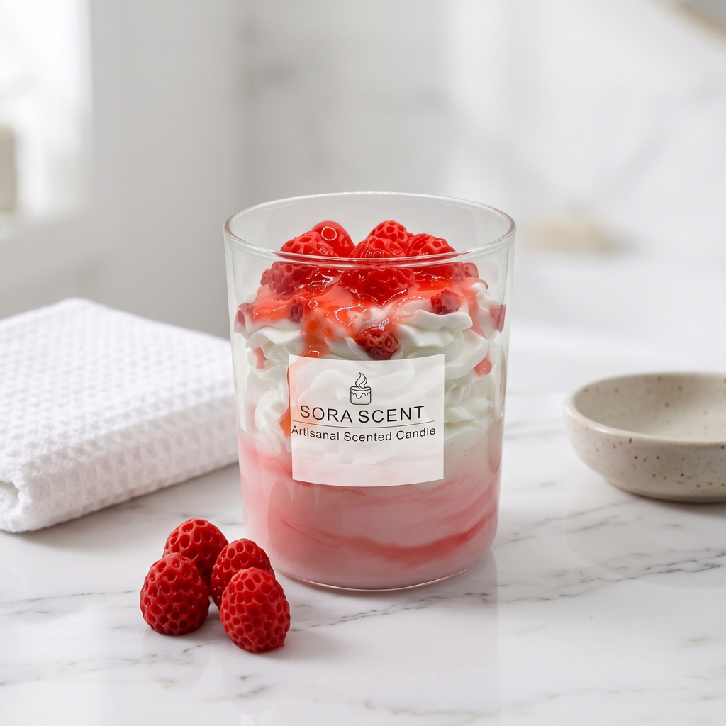 showcases a handcrafted Strawberries & Cream Sundae Candle by SORA SCENT in a clear glass jar, featuring a layered pink-and-white base, realistic white whipped cream wax, glossy strawberry syrup drizzle, and realistic red berries on top, displayed next to decorative wax berries on a marble surface.