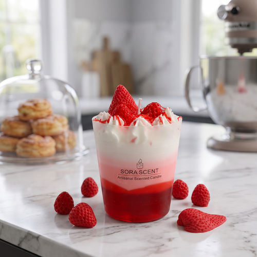SORA SCENT Strawberry Raspberry Panna Cotta Sundae Candle styled on a white marble kitchen island, showcasing its frosted glass jar, square white SORA SCENT label, layered pink ombre wax, and fresh wax berry toppings.
