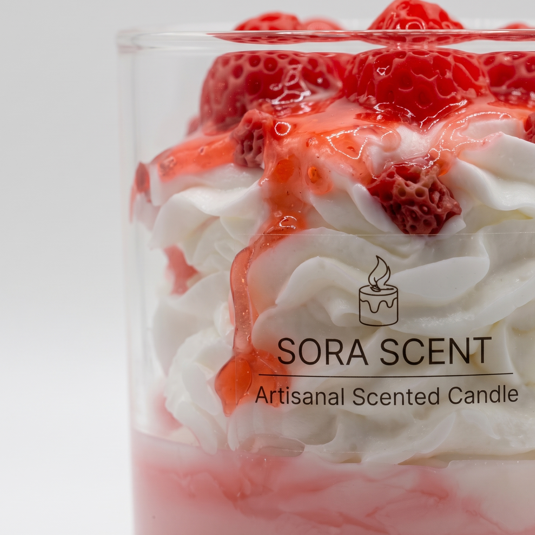 showcases a handcrafted Strawberries & Cream Sundae Candle by SORA SCENT in a clear glass jar, featuring a layered pink-and-white base, realistic white whipped cream wax, glossy strawberry syrup drizzle, and realistic red berries on top, displayed next to decorative wax berries on a marble surface.