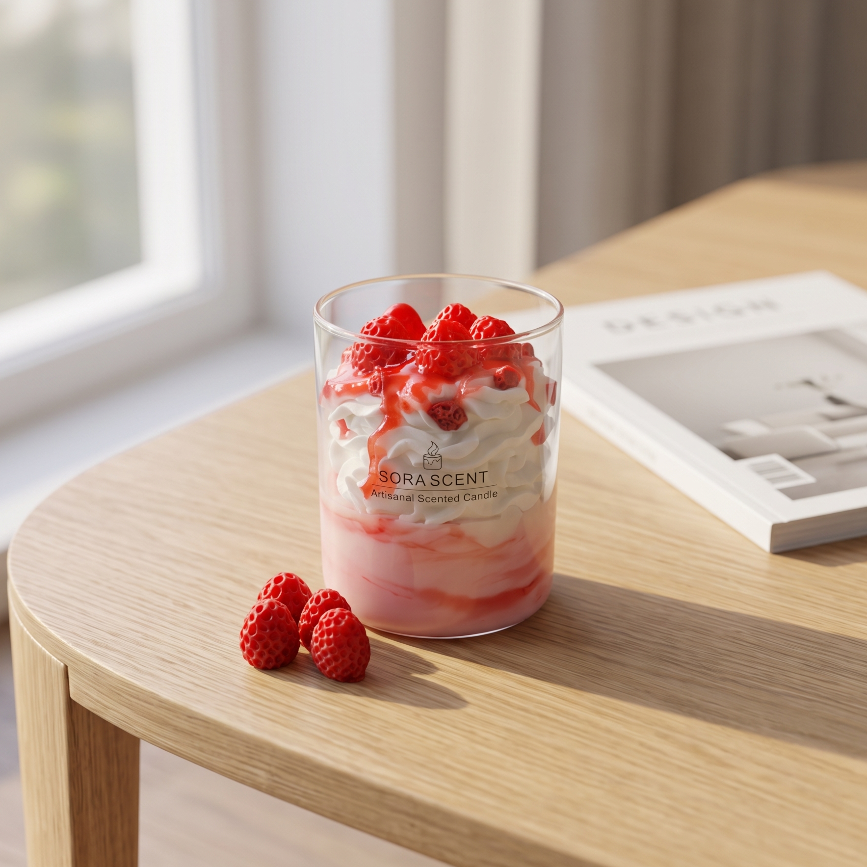 showcases a handcrafted Strawberries & Cream Sundae Candle by SORA SCENT in a clear glass jar, featuring a layered pink-and-white base, realistic white whipped cream wax, glossy strawberry syrup drizzle, and realistic red berries on top, displayed next to decorative wax berries on a marble surface.