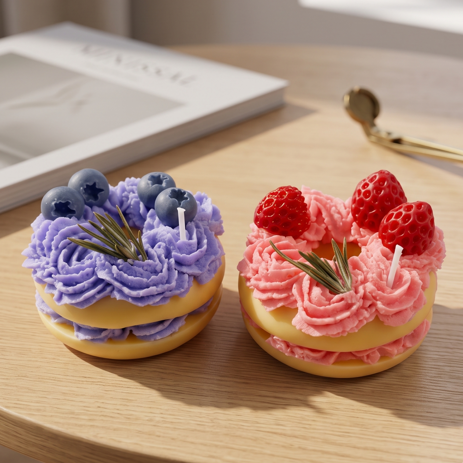 sora-scent-mini-strawberry-berry-macaron-candle.jpg` | SORA SCENT Mini Strawberry Macaron Candle, featuring a pastel pink hand-piped soy cream topping adorned with realistic red wax berries and a rosemary accent.