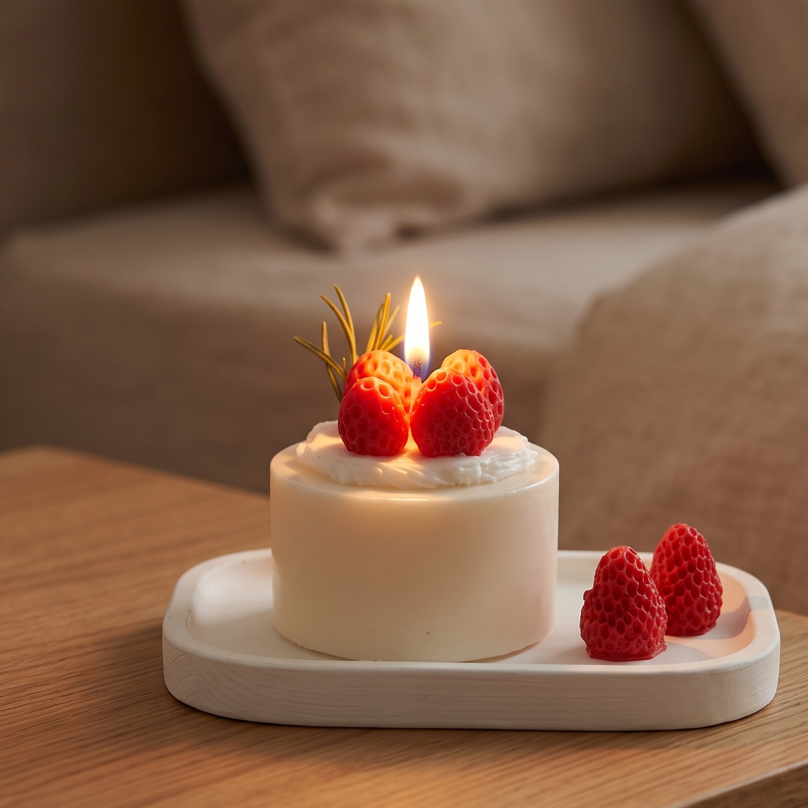 A lit Mini Strawberry Mousse Cake Candle by SORA SCENT burning softly, featuring a warm flickering flame illuminating the red wax berries and creamy white base.