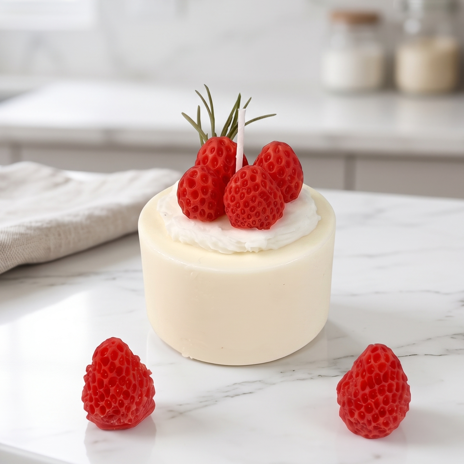 SORA SCENT Mini Strawberry, Blueberry, and Raspberry Mousse Cake Candles styled together on a stone tray, creating a luxurious French dessert trio vignette.